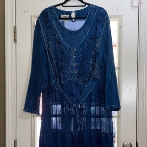 Vintage Blue Embroidered Women's Dress